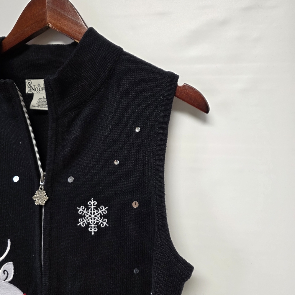 Nouveaux reindeer holiday Christmas sweater vest zip closure Vintage Large - Picture 5 of 9